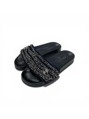 Chanel Sandals Shoes Fabric Leather Navy Black Silver CC Logo Chain Flat Mules